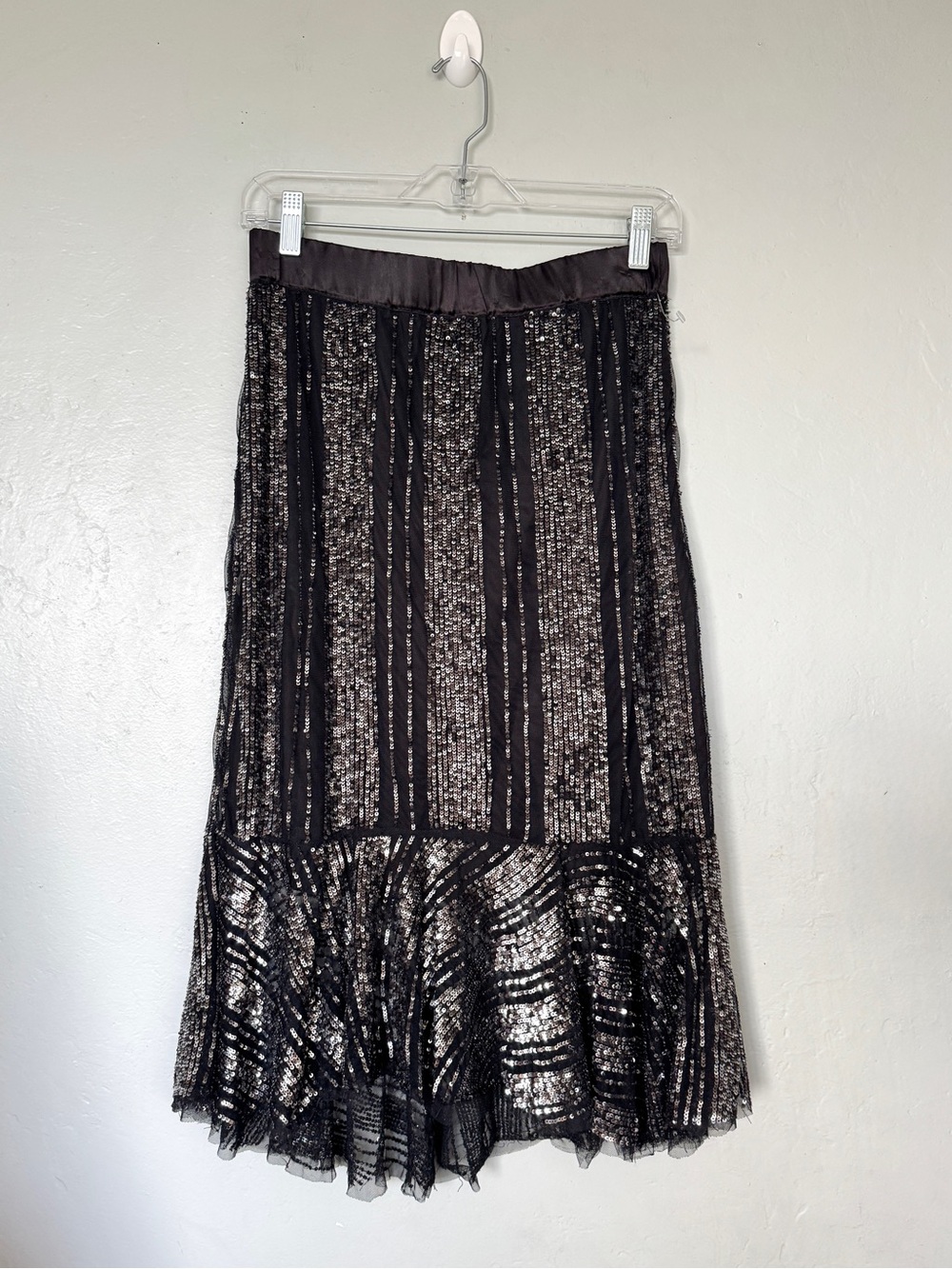 Zara Black and Silver Sequined Midi Skirt with Flounce Hem Size XS
